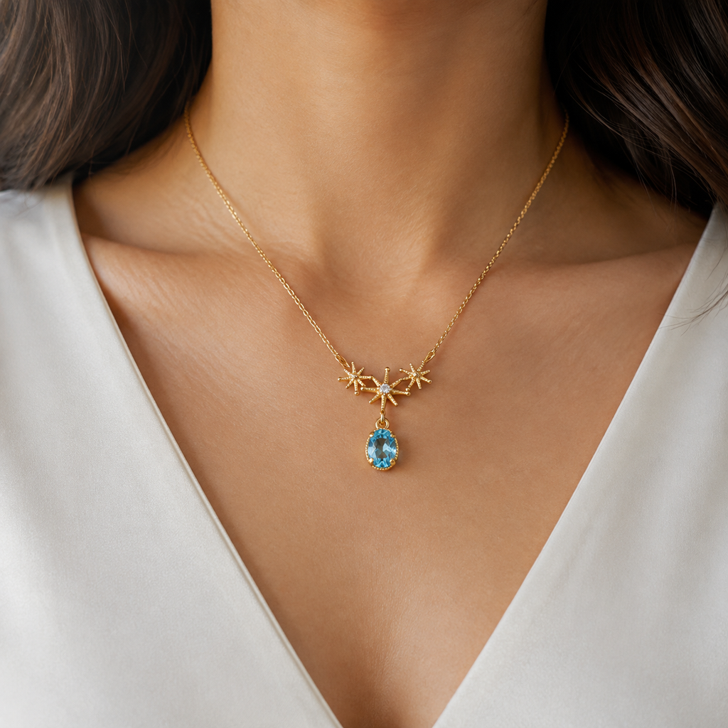 Blue Starburst Pendant Necklace — wearing view — CRYSTARO