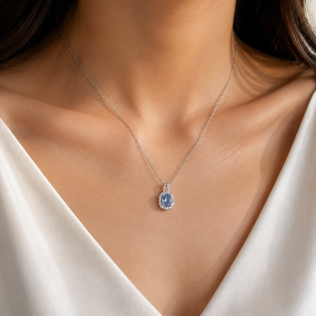 Blue Oval Bezel Pendant Necklace — wearing view — CRYSTARO