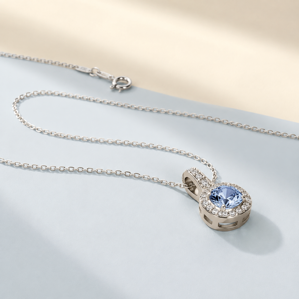 Blue Oval Bezel Pendant Necklace — angle and structure view — CRYSTARO