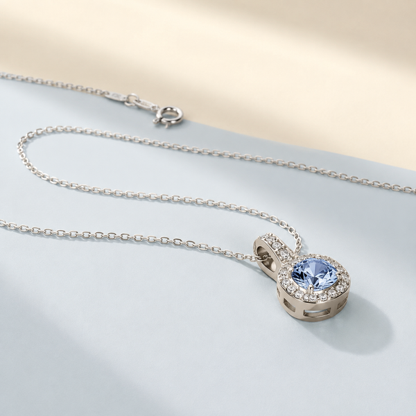 Blue Oval Bezel Pendant Necklace — angle and structure view — CRYSTARO