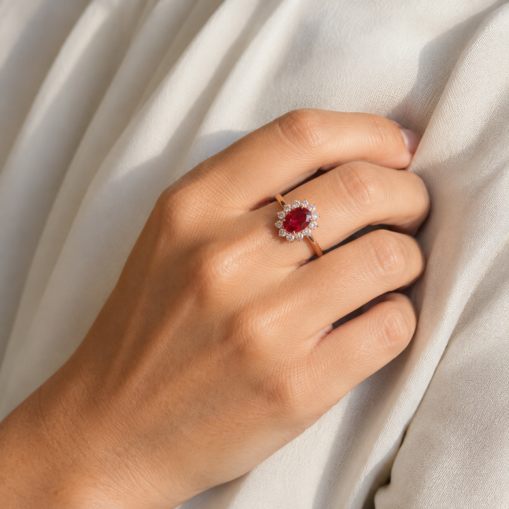 Red Oval Halo Statement Ring — wearing view — CRYSTARO