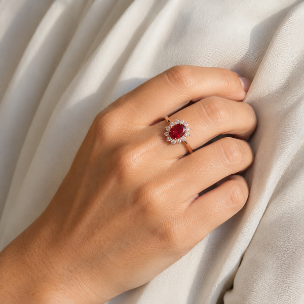 Red Oval Halo Statement Ring — wearing view — CRYSTARO