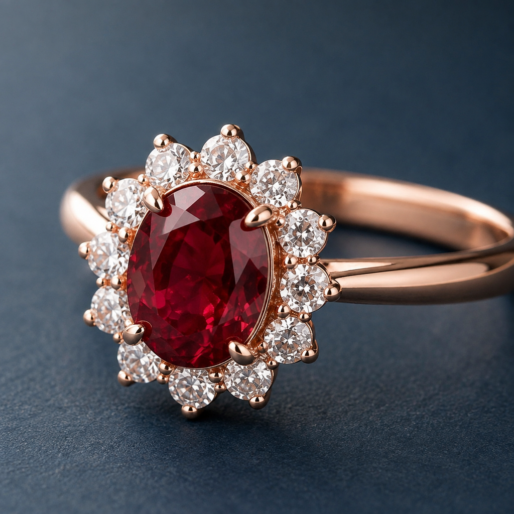 Red Oval Halo Statement Ring — craftsmanship close-up — CRYSTARO