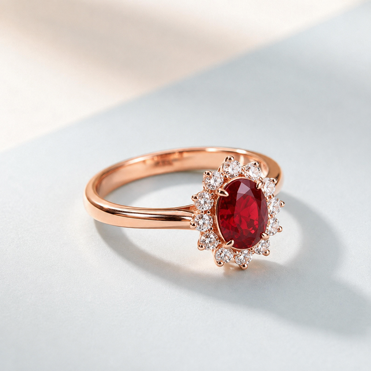Red Oval Halo Statement Ring — angle and structure view — CRYSTARO