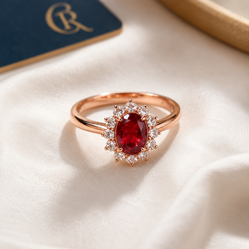 Red Oval Halo Statement Ring — styled product still life — CRYSTARO