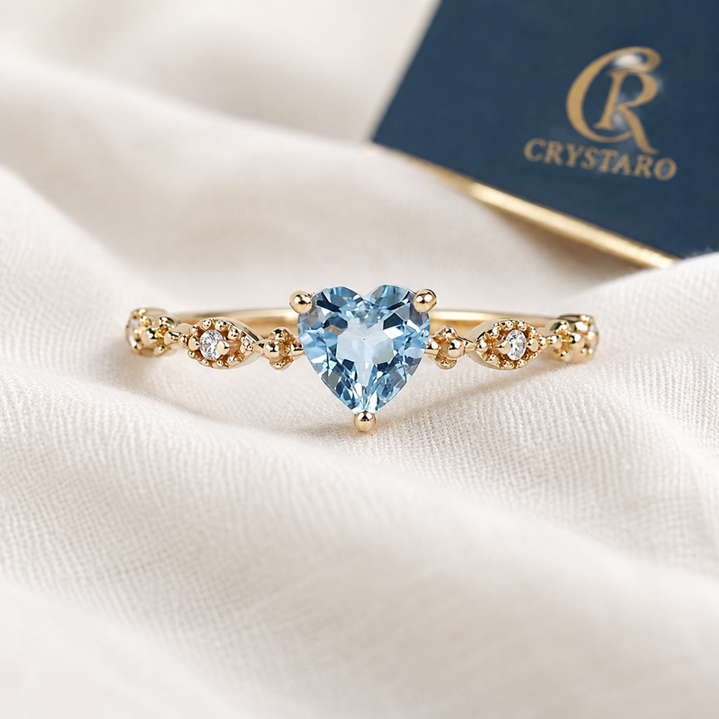 Blue Heart Gemstone Ring — styled product still life — CRYSTARO