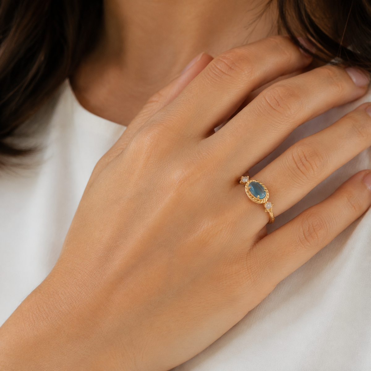 Celestial Planet Blue Gemstone Ring — wearing view — CRYSTARO