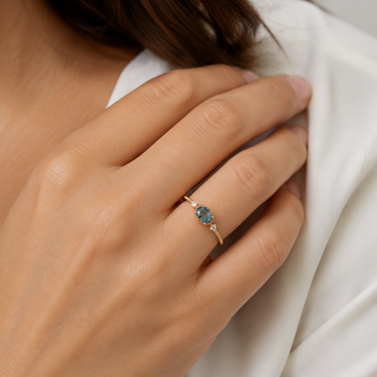 Minimalist Teal Oval Bezel Ring — wearing view — CRYSTARO