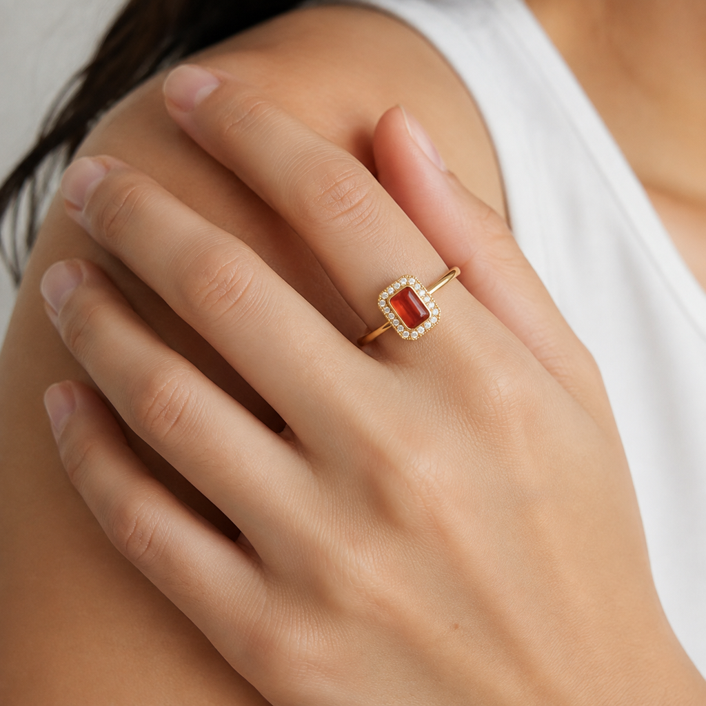 Square Red Gemstone Signet Ring — wearing view — CRYSTARO