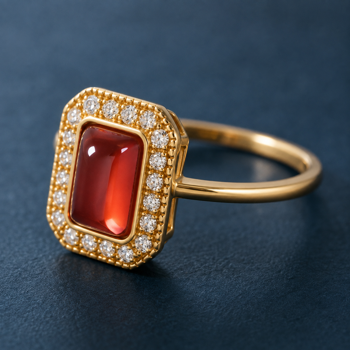 Square Red Gemstone Signet Ring — craftsmanship close-up — CRYSTARO