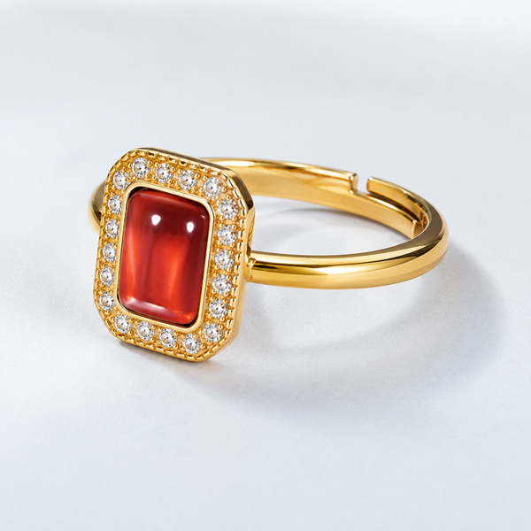 Square Red Gemstone Signet Ring — angle and structure view — CRYSTARO