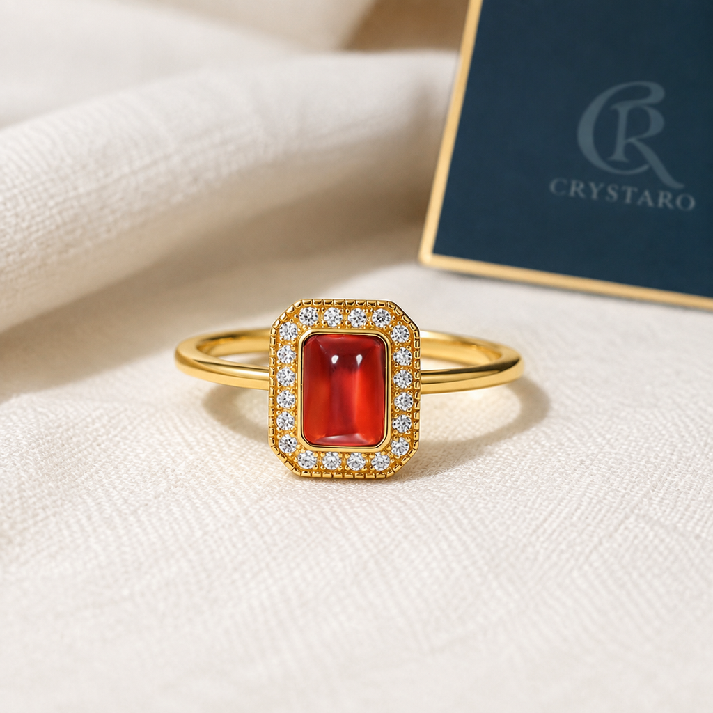 Square Red Gemstone Signet Ring — styled product still life — CRYSTARO