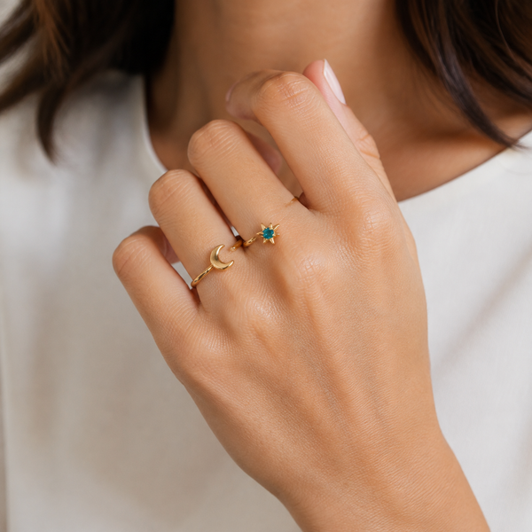 Moon and Star Open Ring — wearing view — CRYSTARO