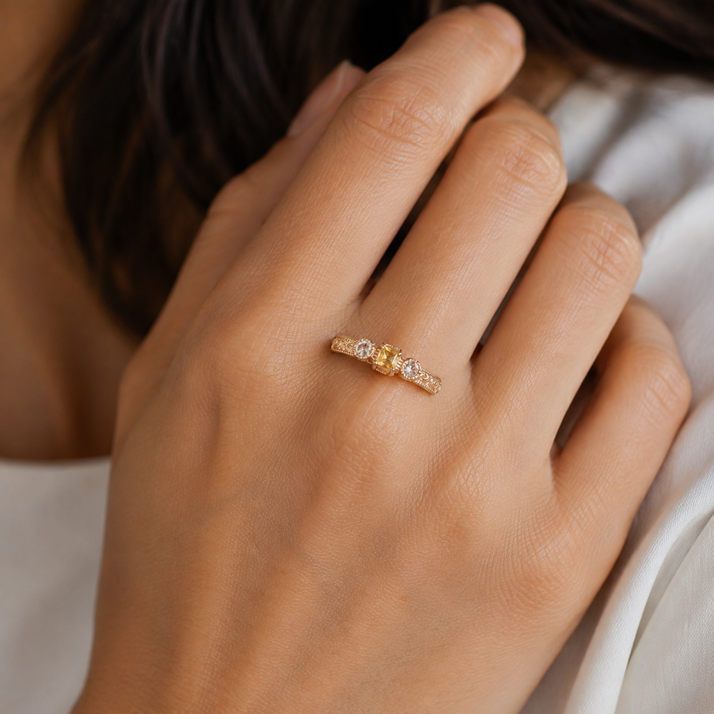 Three Stone Crystal Band Ring — wearing view — CRYSTARO