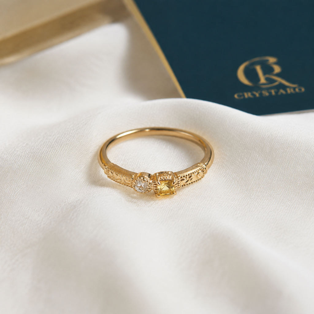 Three Stone Crystal Band Ring — styled product still life — CRYSTARO