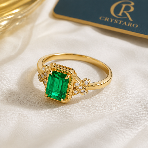 Emerald Green Statement Ring — styled product still life — CRYSTARO