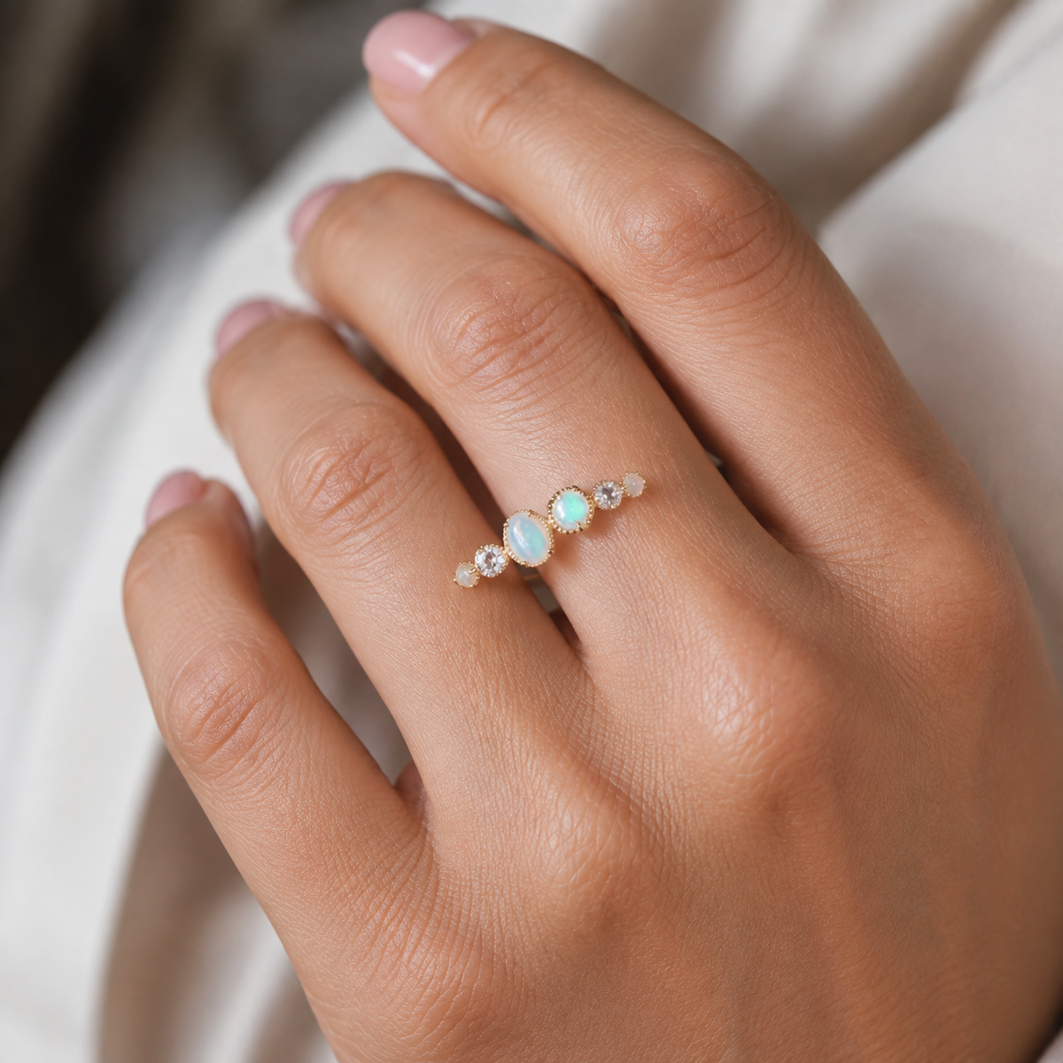 Opal-Look Bezel Delicate Ring — wearing view — CRYSTARO